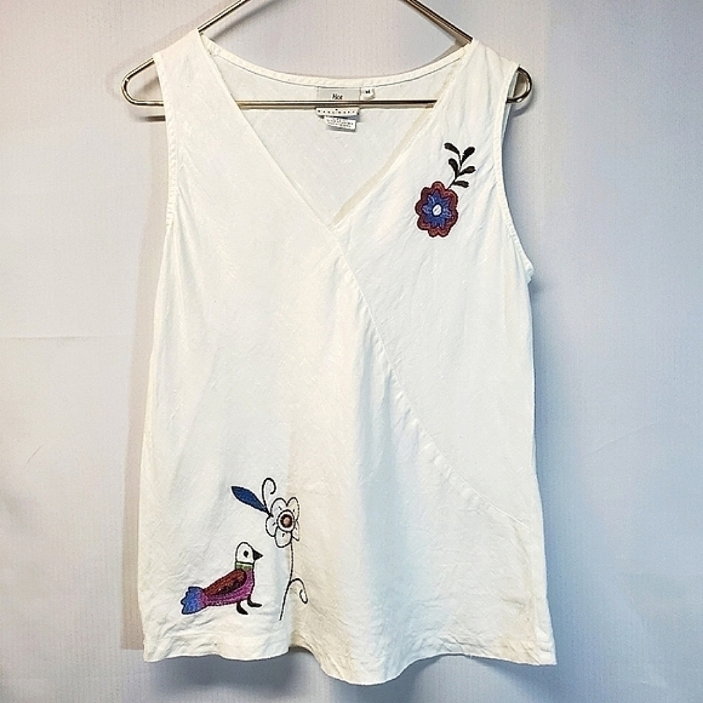 100% Linen Embroidered White Tank Top